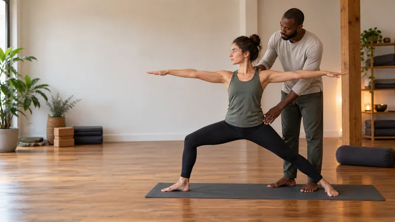 A yoga instructor guiding a student into Warrior II (Virabhadrasana II), warm interior light