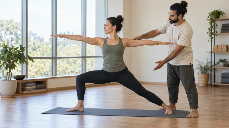 A yoga instructor guiding a student into Warrior II (Virabhadrasana II), bright daylight through the windows