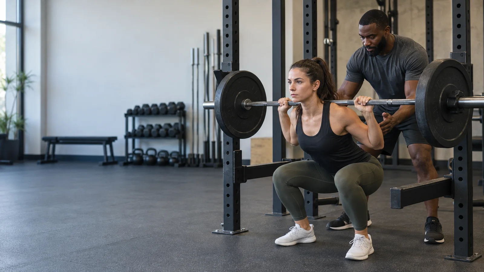 A personal trainer coaching a client through a Barbell Back Squat, soft even indoor light