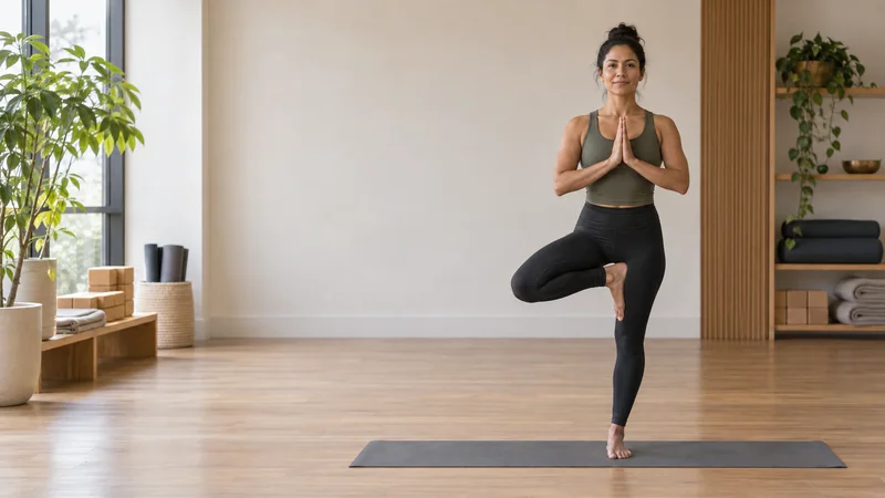 A yoga instructor demonstrating Tree Pose (Vrikshasana) for balance, soft even indoor light