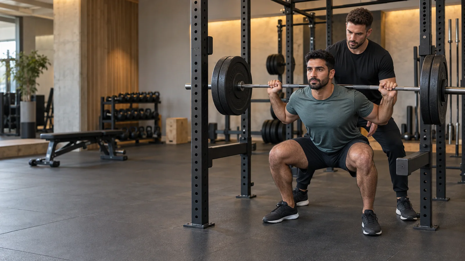 A personal trainer coaching a client through a Barbell Back Squat, warm interior light