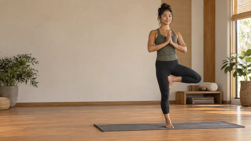A yoga instructor demonstrating Tree Pose (Vrikshasana) for balance, warm interior light