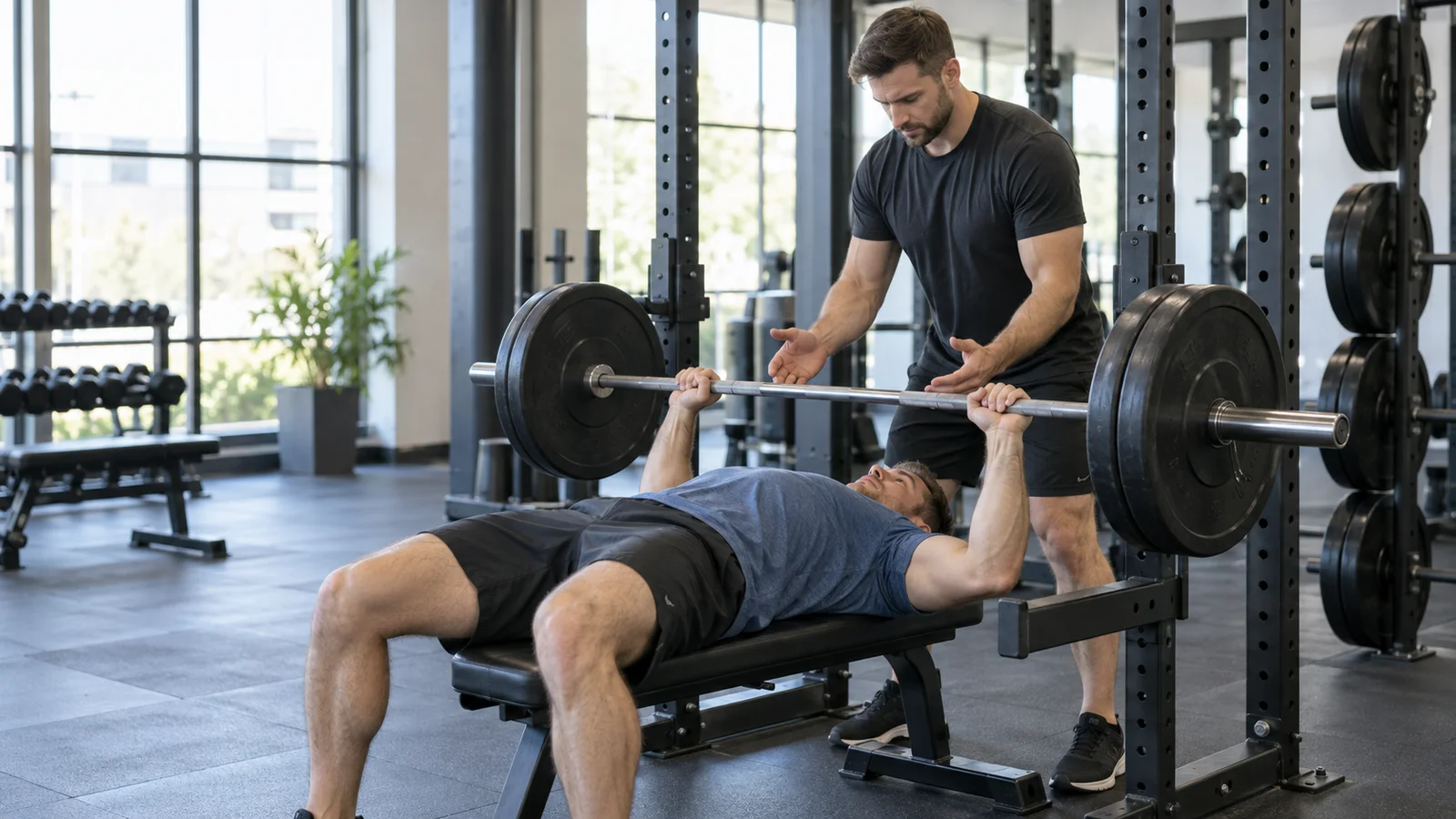 A personal trainer spotting a client on the Barbell Bench Press, bright daylight through the windows