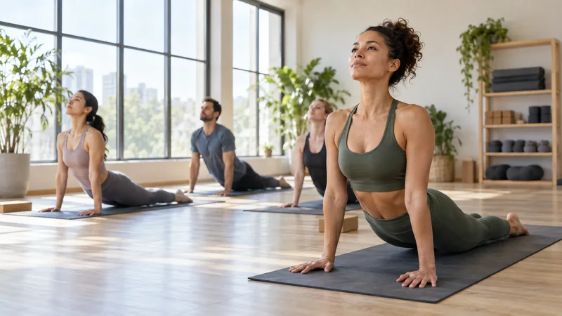A yoga instructor leading a Sun Salutation (Surya Namaskar) sequence, bright daylight through the windows