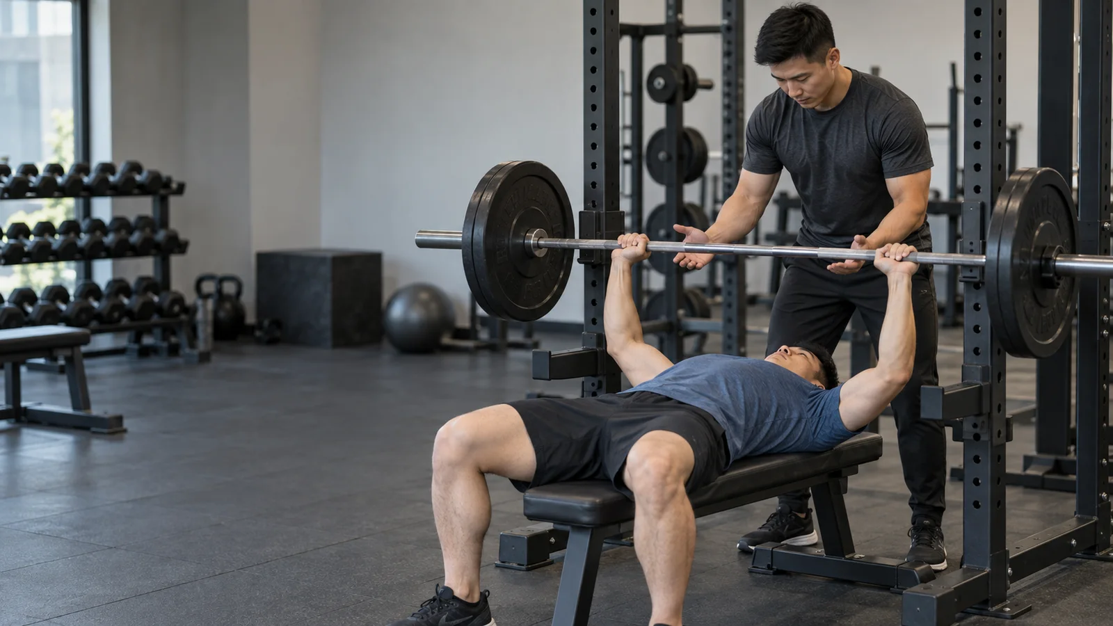 A personal trainer spotting a client on the Barbell Bench Press, soft even indoor light
