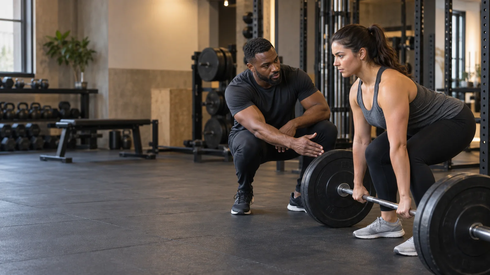 A personal trainer guiding a client through a Deadlift, warm interior light