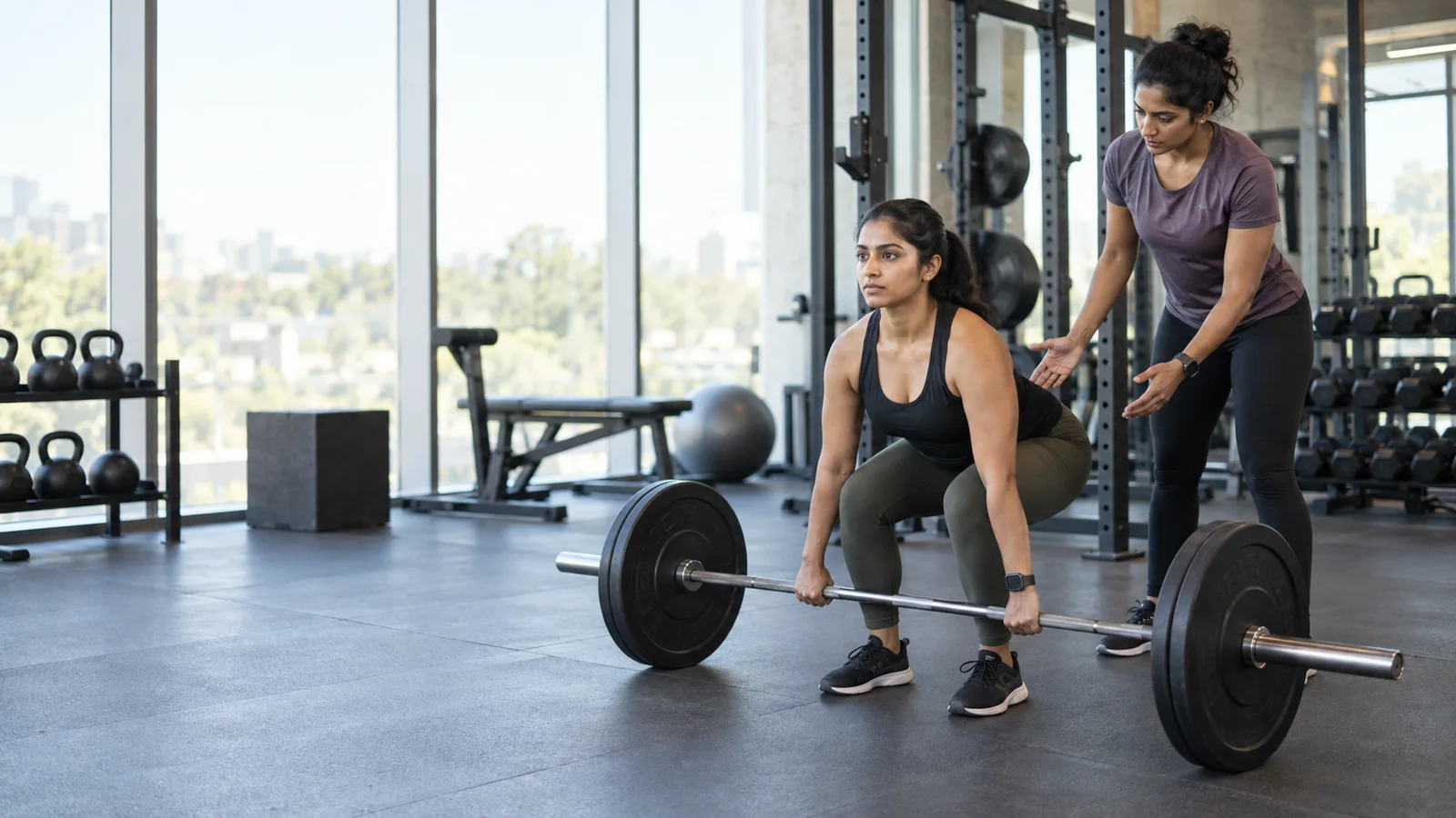 A personal trainer guiding a client through a Deadlift, bright daylight through the windows