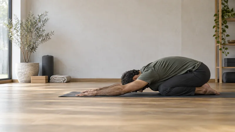 A yoga instructor holding Child’s Pose (Balasana) to close a class, soft even indoor light