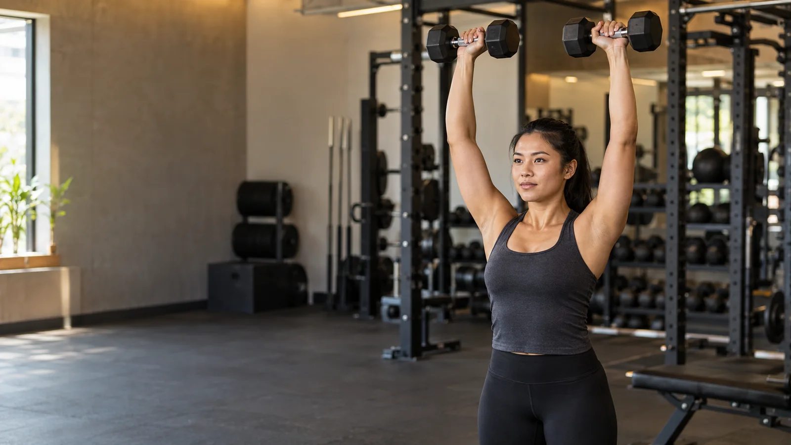 A personal trainer demonstrating a Dumbbell Shoulder Press, warm interior light