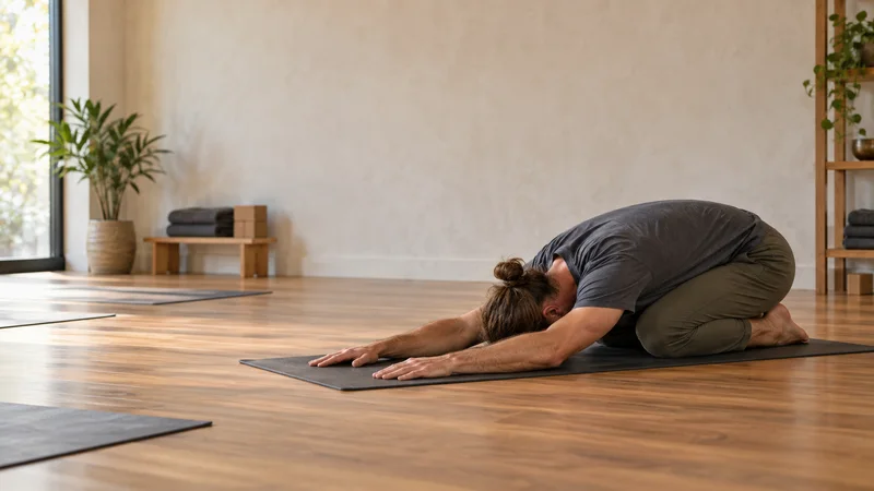 A yoga instructor holding Child’s Pose (Balasana) to close a class, warm interior light
