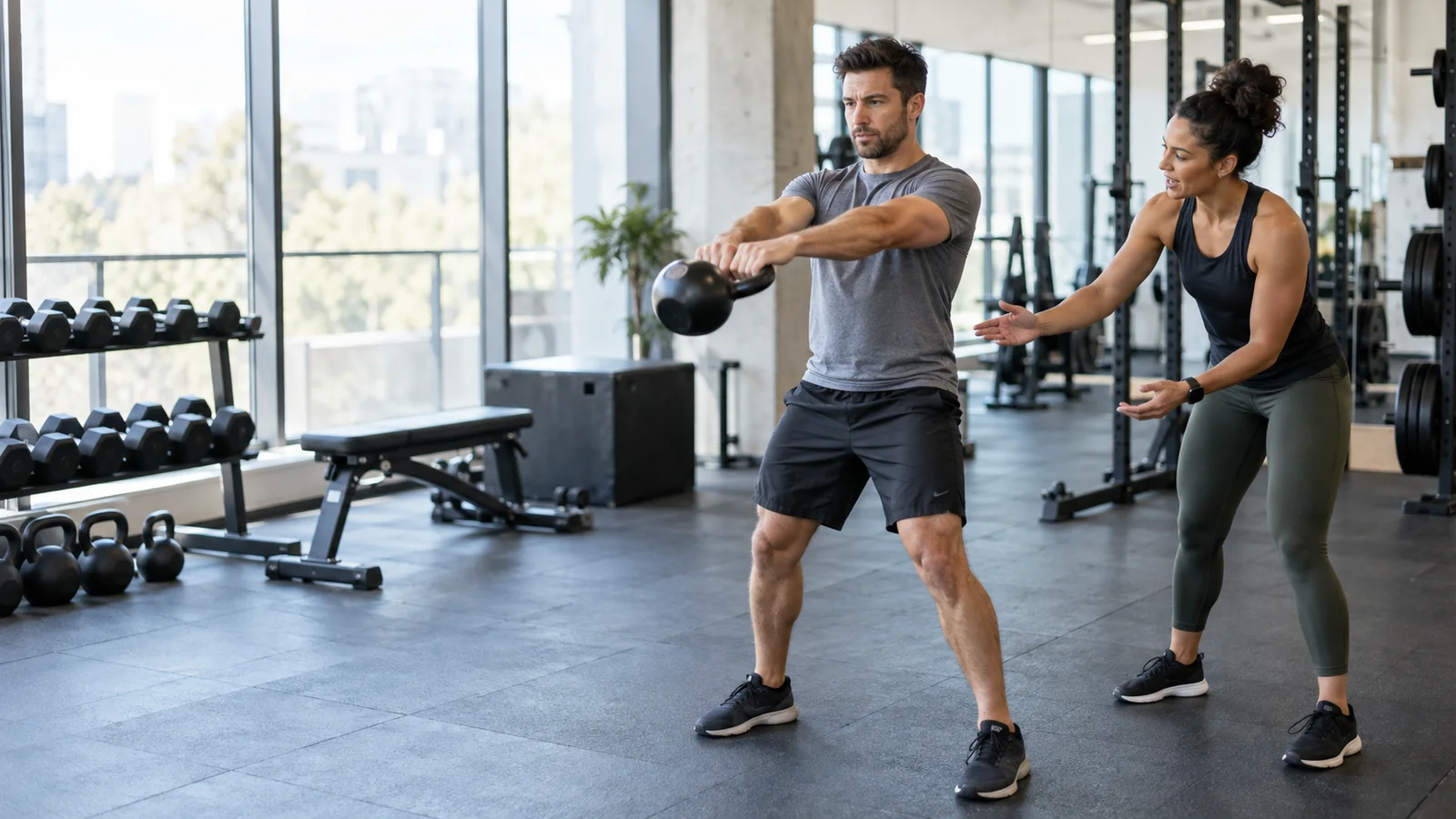 A personal trainer coaching a client through a Kettlebell Swing, bright daylight through the windows