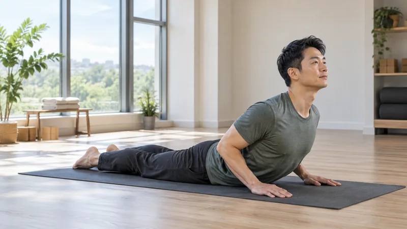 A yoga instructor demonstrating Cobra Pose (Bhujangasana) on the mat, bright daylight through the windows