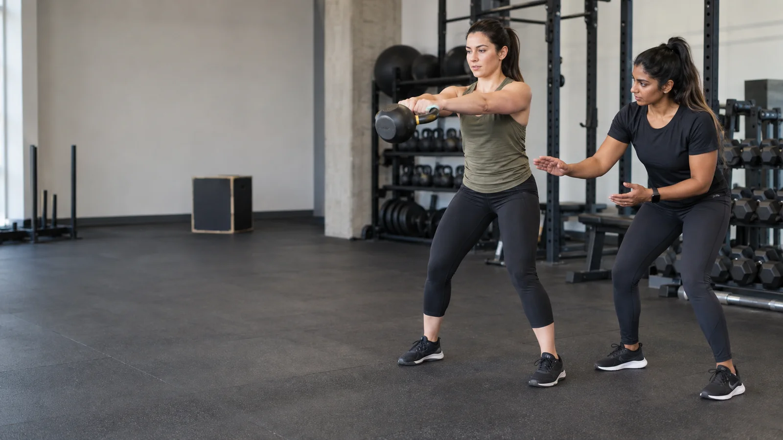 A personal trainer coaching a client through a Kettlebell Swing, soft even indoor light