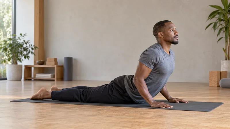 A yoga instructor demonstrating Cobra Pose (Bhujangasana) on the mat, soft even indoor light