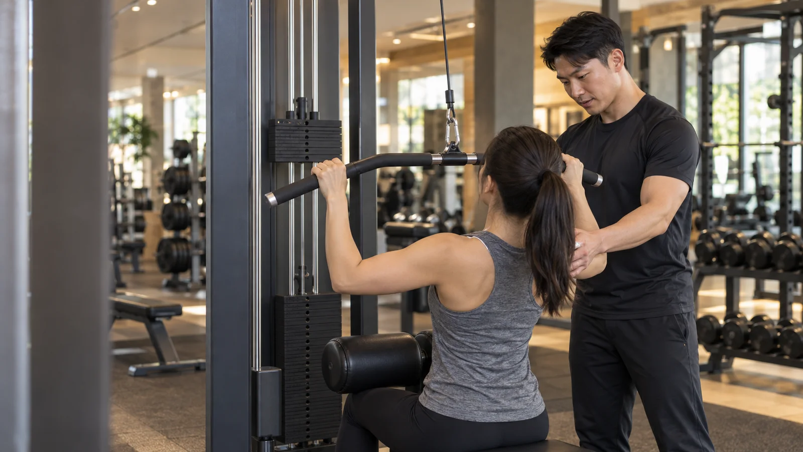 A personal trainer guiding a client on the Lat Pulldown machine, warm interior light
