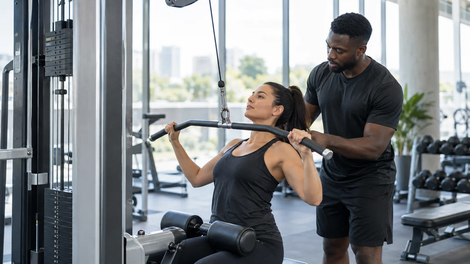 A personal trainer guiding a client on the Lat Pulldown machine, bright daylight through the windows
