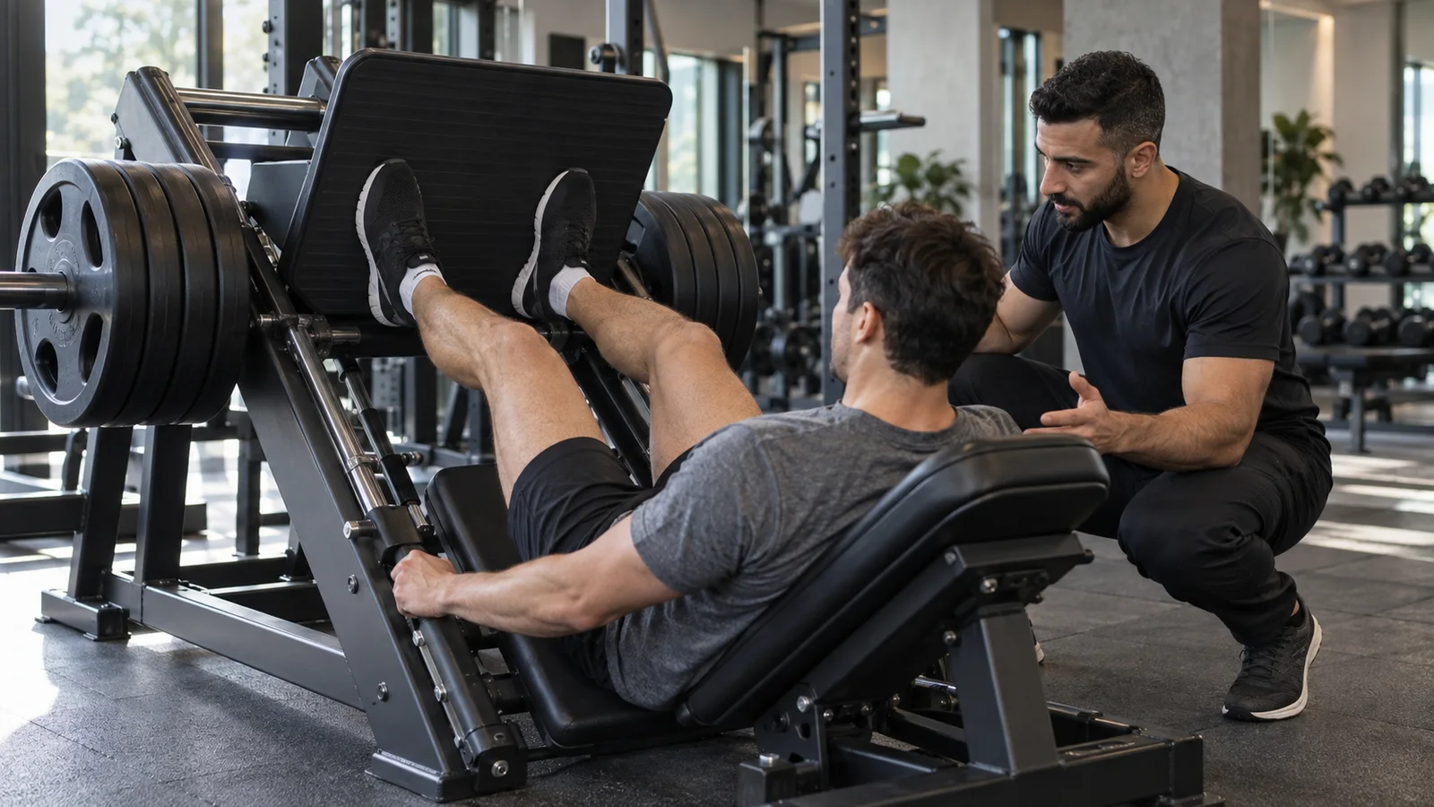 A personal trainer spotting a client on the Leg Press machine, soft even indoor light
