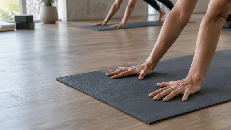 Close-up of hands holding a Downward-Facing Dog (Adho Mukha Svanasana) at the front of class, soft even indoor light, only naturally framed hands, no faces