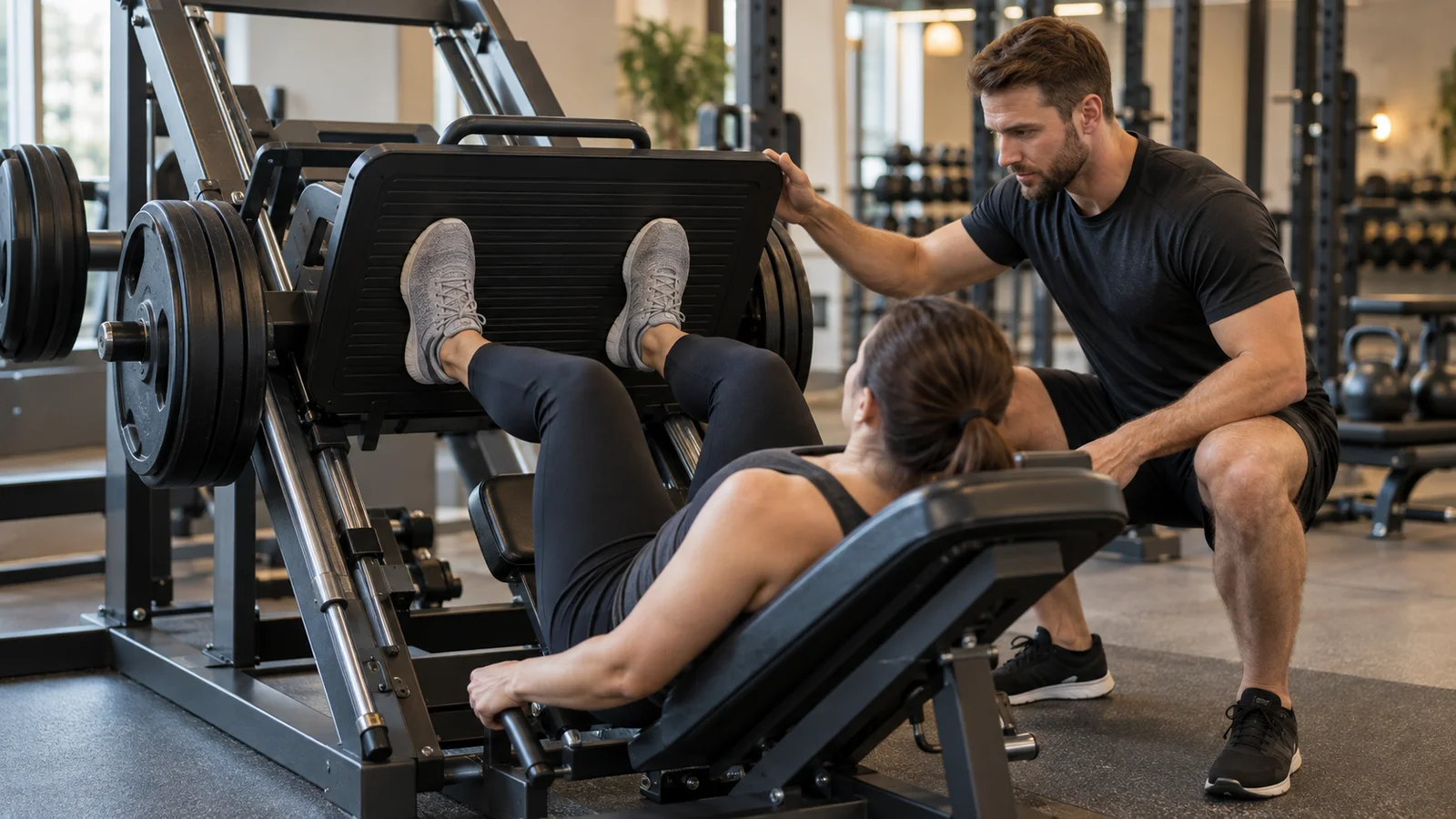 A personal trainer spotting a client on the Leg Press machine, warm interior light