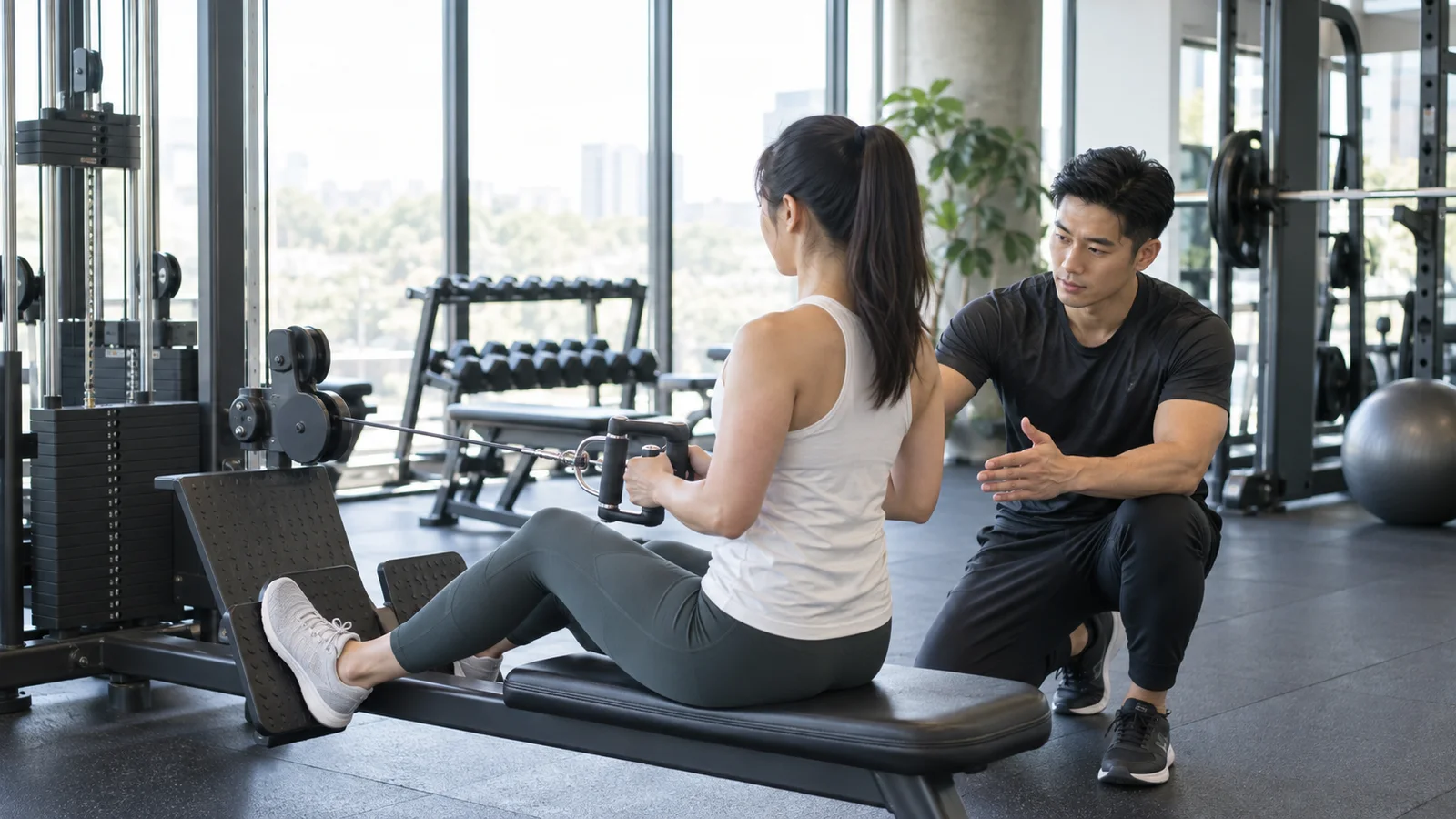 A personal trainer coaching a Cable Row on the cable machine, bright daylight through the windows