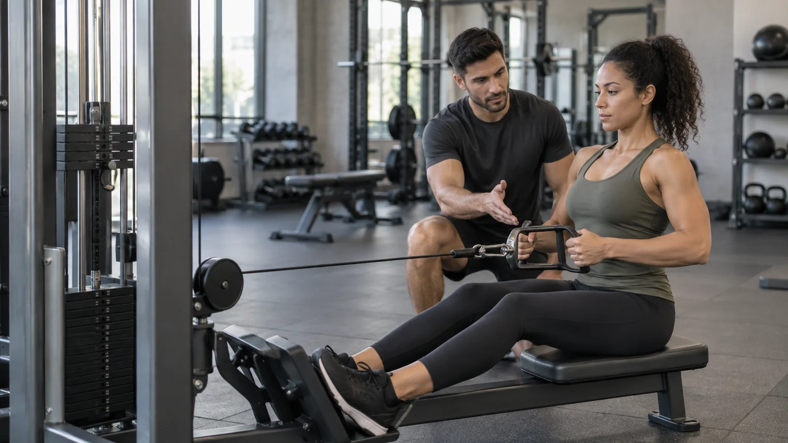 A personal trainer coaching a Cable Row on the cable machine, soft even indoor light
