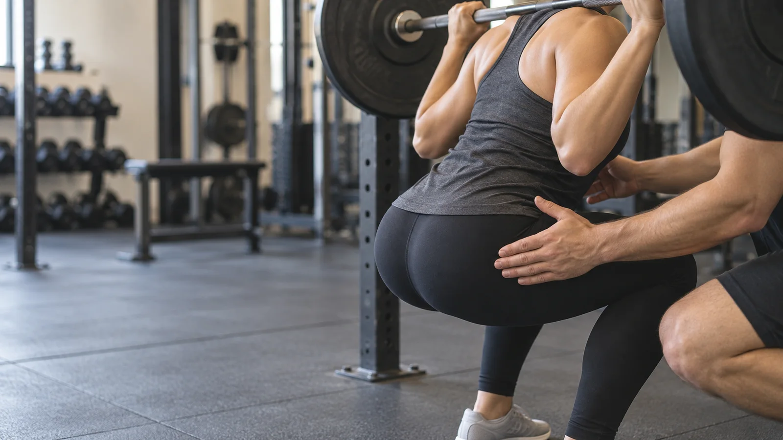 Close-up of hands coaching a client through a Barbell Back Squat, warm interior light, only naturally framed hands, no faces