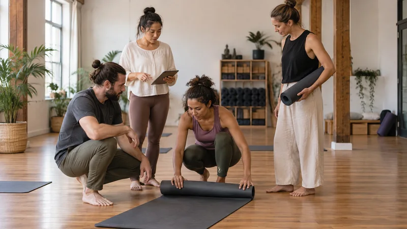 A few yoga instructors working together, open wood-floor studio with rolled mats in the background, warm interior light