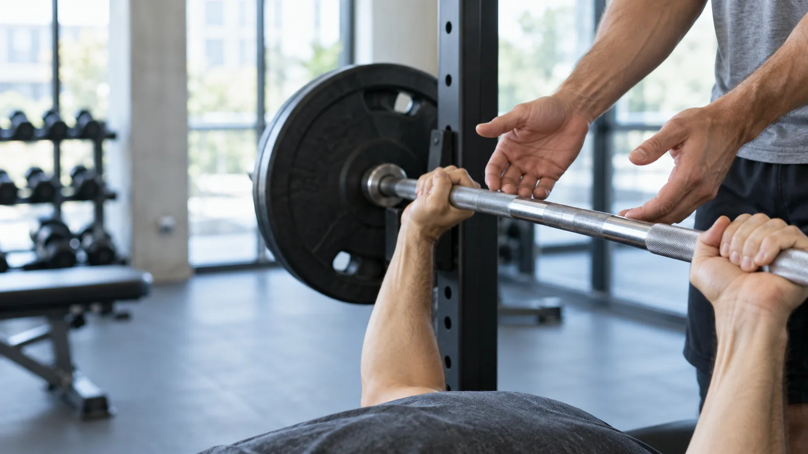 Close-up of hands spotting a client on the Barbell Bench Press, bright daylight through the windows, only naturally framed hands, no faces