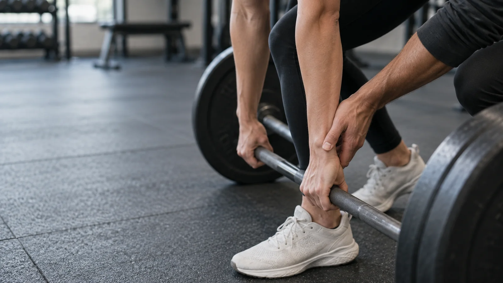 Close-up of hands guiding a client through a Deadlift, soft even indoor light, only naturally framed hands, no faces