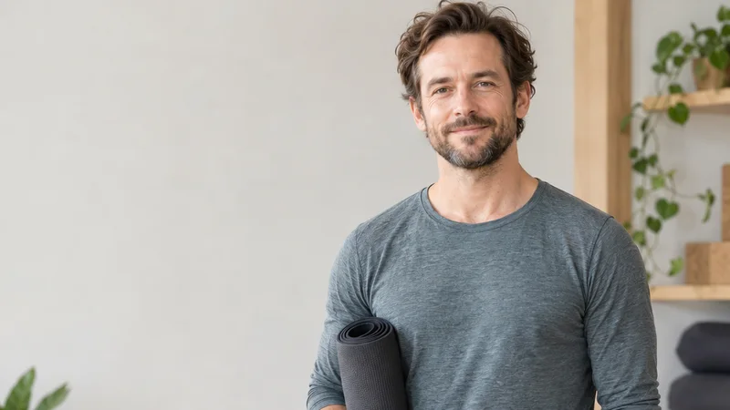 Mid-length portrait of a yoga instructor, yoga studio, soft even indoor light, plain working backdrop with copy space