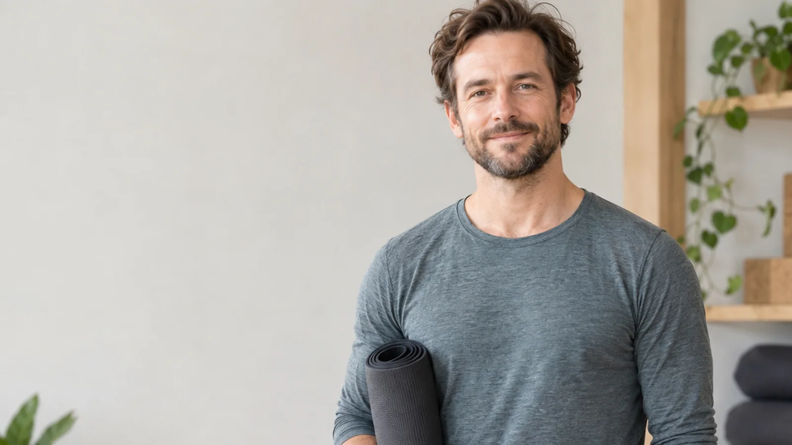 Mid-length portrait of a yoga instructor, yoga studio, soft even indoor light, plain working backdrop with copy space
