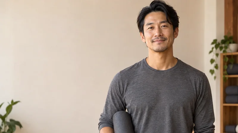 Mid-length portrait of a yoga studio owner, yoga studio, warm interior light, plain working backdrop with copy space