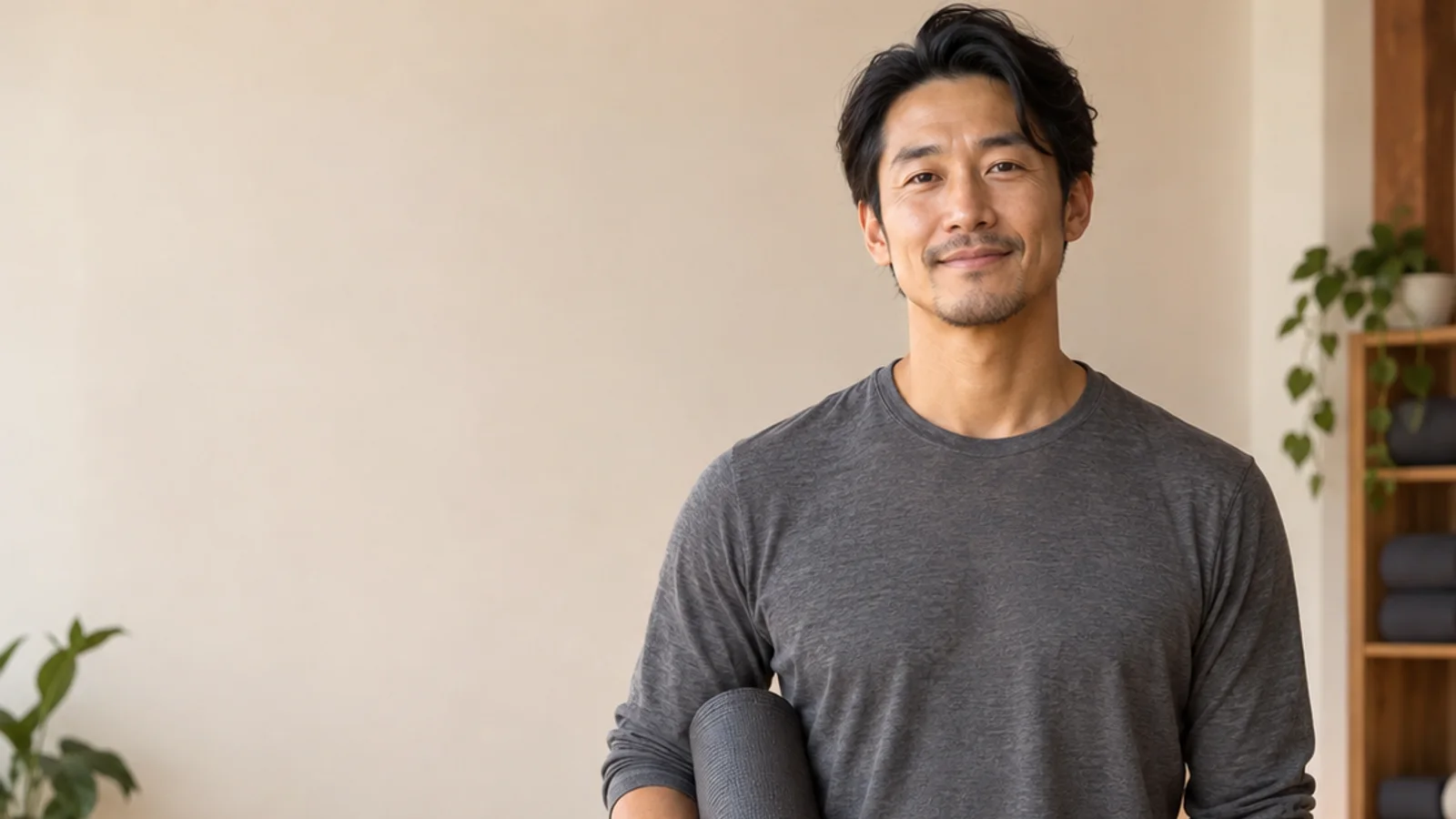 Mid-length portrait of a yoga studio owner, yoga studio, warm interior light, plain working backdrop with copy space