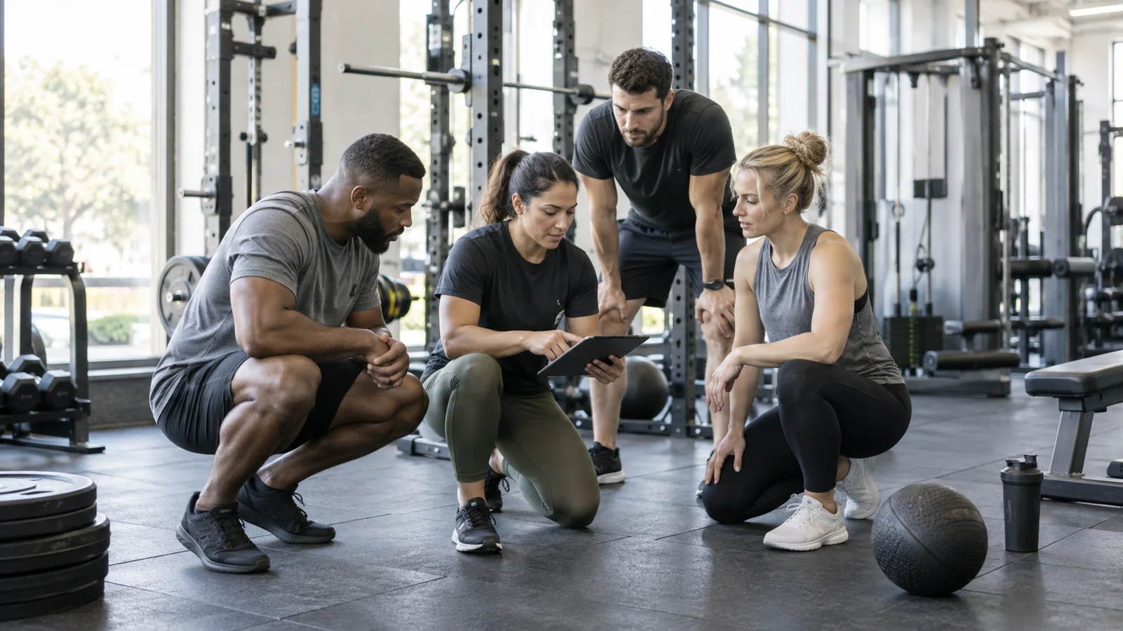 A few personal trainers working together, rig of weight machines on the gym floor in the background, bright daylight through the windows