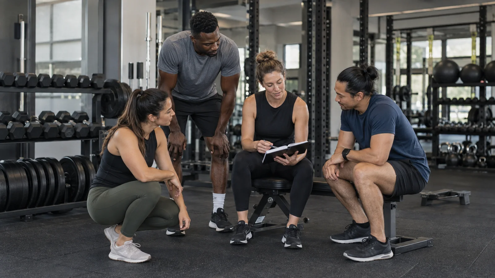 A few personal trainers working together, free-weights zone with rubber flooring in the background, soft even indoor light