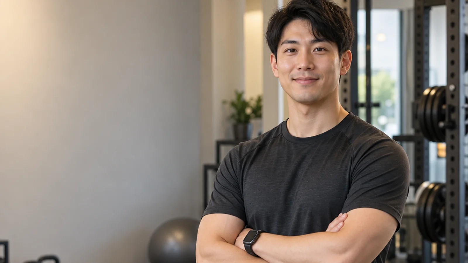 Mid-length portrait of a personal trainer, fitness gym, warm interior light, plain working backdrop with copy space