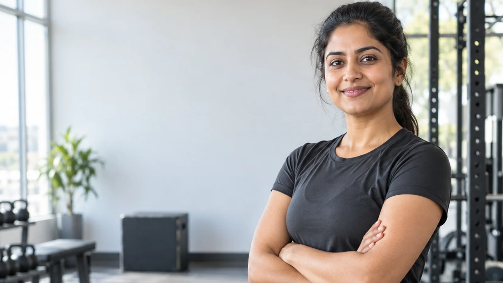 Mid-length portrait of a gym instructor, fitness gym, bright daylight through the windows, plain working backdrop with copy space