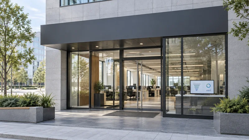 Street view of a a modern B2B office building entrance with glass doors and clean signage, its window displaying a laptop displaying an abstract, unreadable CRM pipeline dashboard with a glimpse of the modern open-plan sales floor with rows of desks inside, soft daylight, signage space above for overlaid text