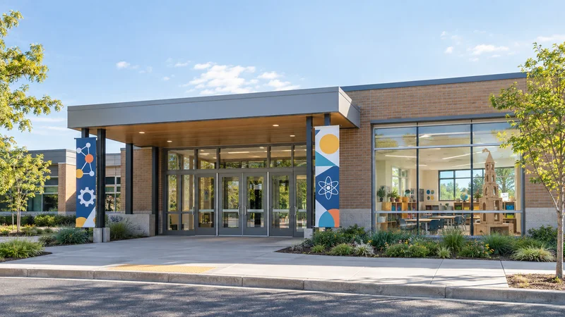 Street view of a a bright elementary school entrance with colourful banners for a STEM enrichment program, its window displaying a finished cardboard tower structure built by students with a glimpse of the bright elementary classroom with cluster tables inside, soft daylight, signage space above for overlaid text
