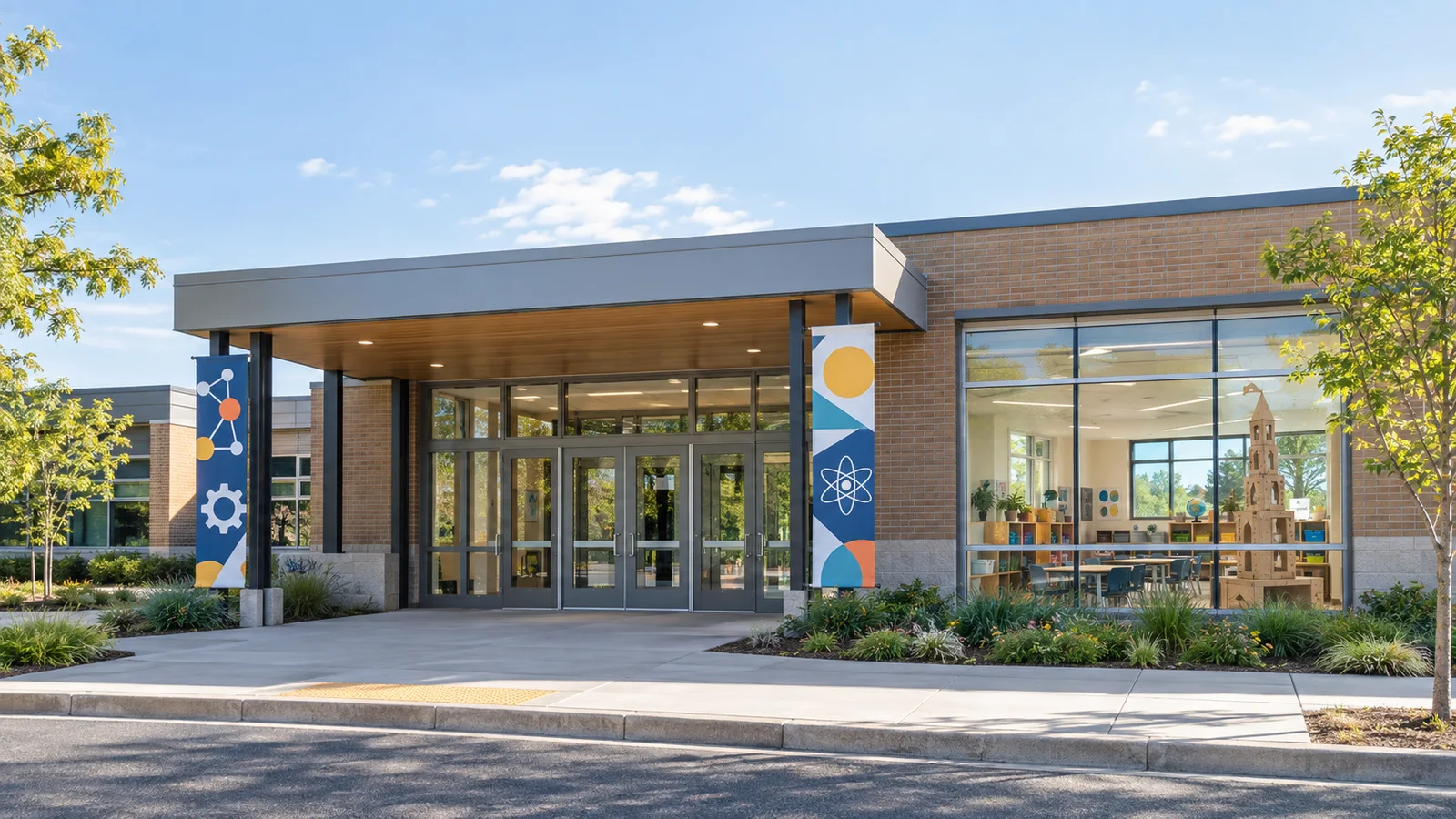 Street view of a a bright elementary school entrance with colourful banners for a STEM enrichment program, its window displaying a finished cardboard tower structure built by students with a glimpse of the bright elementary classroom with cluster tables inside, soft daylight, signage space above for overlaid text