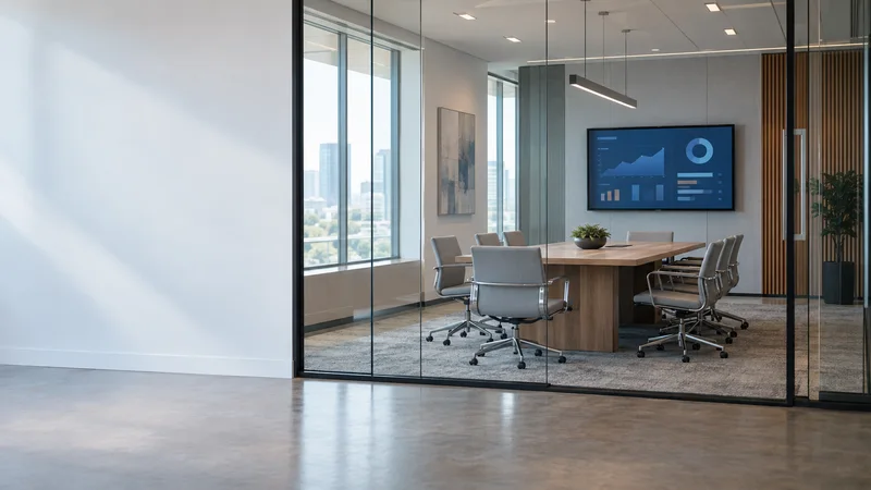 Wide interior view of a glass-walled conference room with a wall-mounted TV showing a dashboard with no people, soft even indoor light, clean uncluttered foreground for text