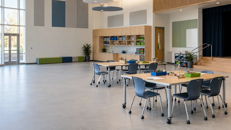 Wide interior view of a school multipurpose room set up for a maker activity with no people, soft even indoor light, clean uncluttered foreground for text