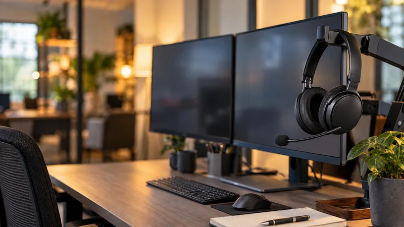 Close, clean detail of the a dual-monitor workstation with a headset on a boom arm, warm interior light, no people in frame