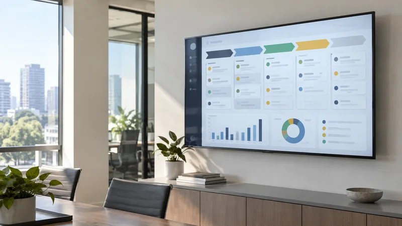 Close, clean detail of the a wall-mounted TV showing an abstract CRM pipeline dashboard, bright daylight through the windows, no people in frame