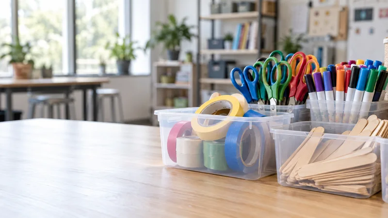 Close, clean detail of the bins of craft supplies including tape, scissors, markers, and popsicle sticks, bright daylight through the windows, no people in frame