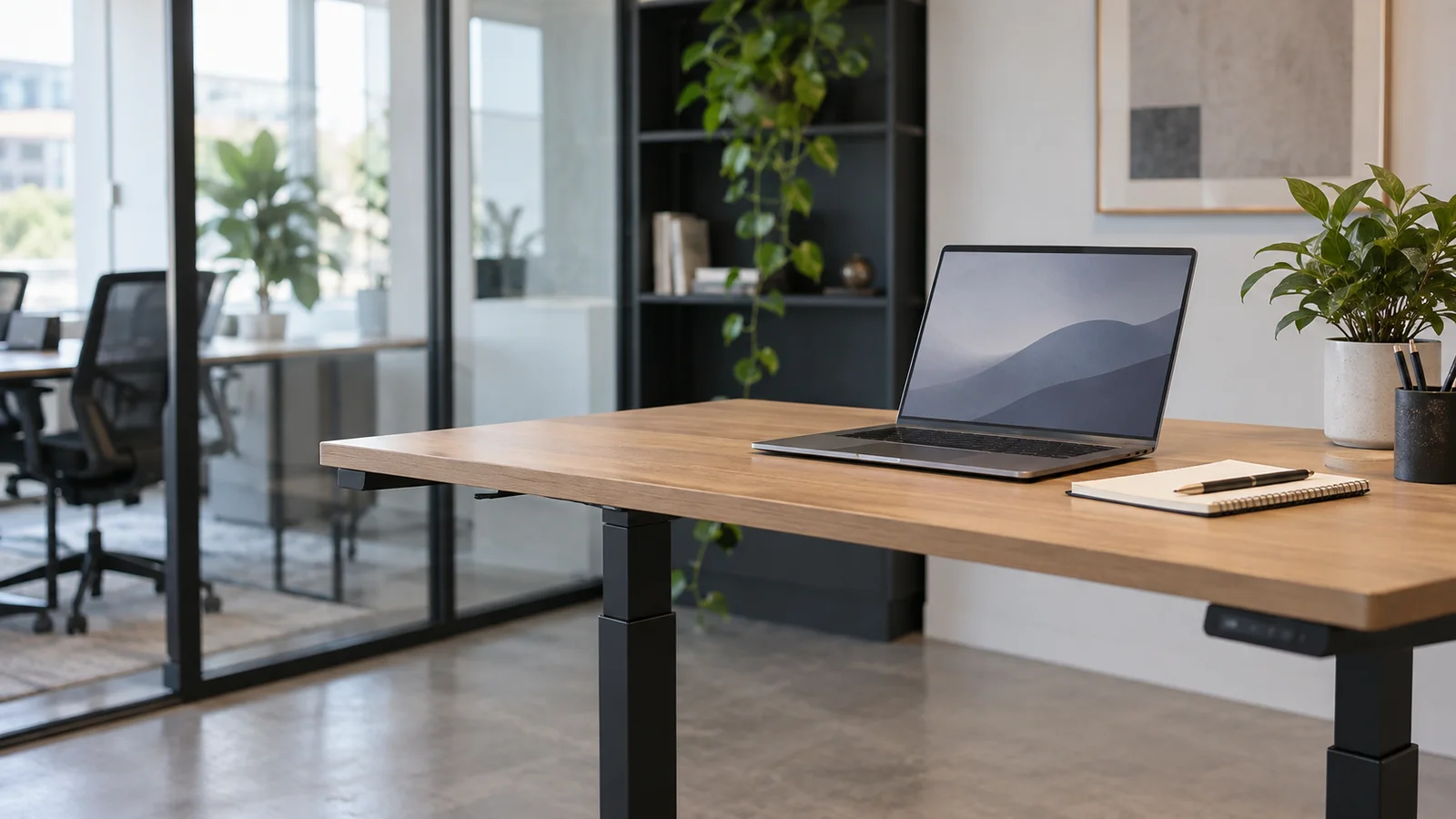 Close, clean detail of the a standing desk with a laptop and notepad, soft even indoor light, no people in frame