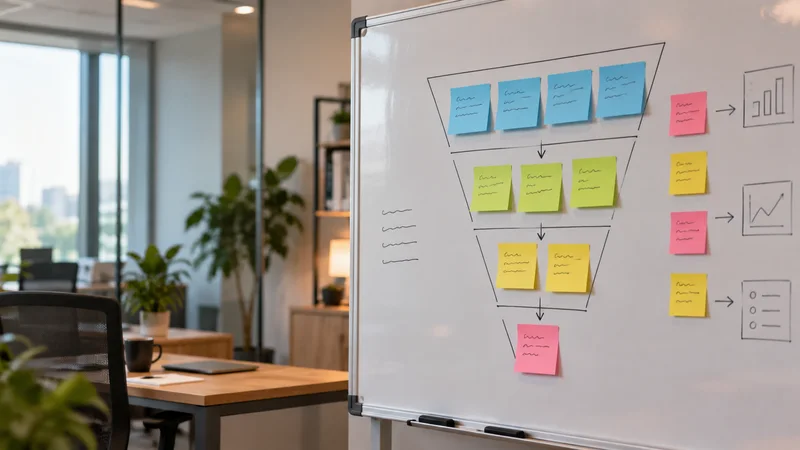 Close, clean detail of the a whiteboard covered with sales-funnel sticky notes, warm interior light, no people in frame