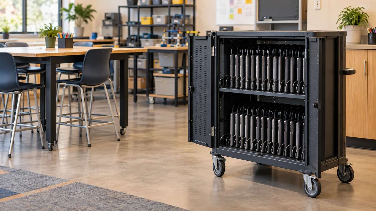 Close, clean detail of the a laptop cart for a coding module, warm interior light, no people in frame