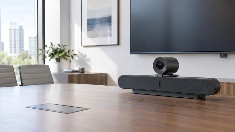 Close, clean detail of the a conference-room video-call system with a camera and mic bar, bright daylight through the windows, no people in frame