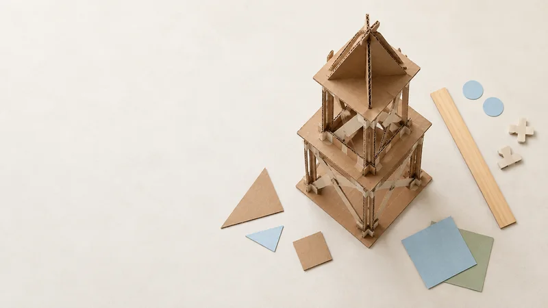 Styled flat-lay of a finished cardboard tower structure built by students on a clean background, soft studio light, generous negative space for overlaid text